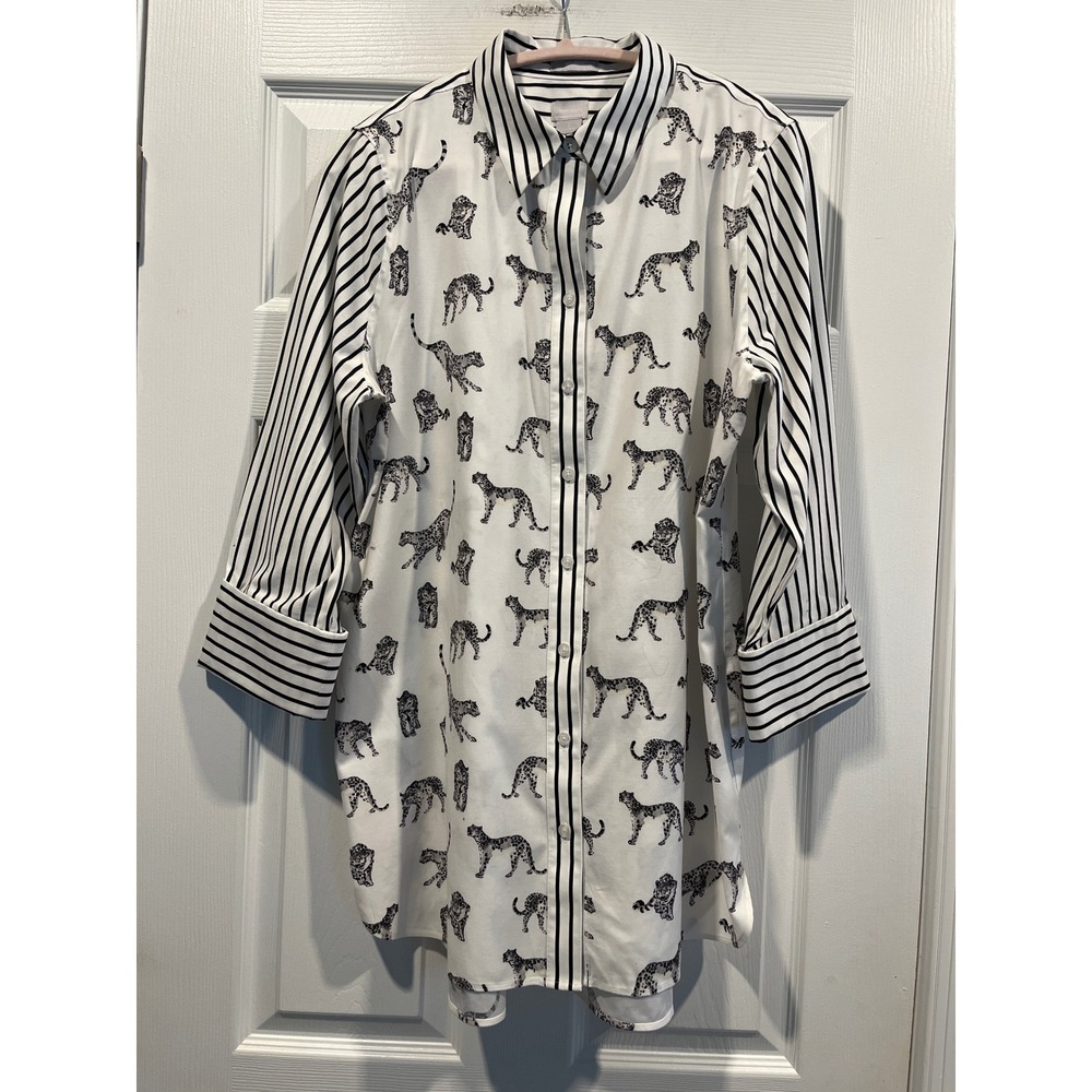 Chicos Leopard Print Striped Tunic Button Down Shirt White Black Size 2 Large - Picture 1 of 10